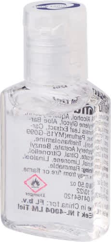 A clear, square bottle of hand cleansing gel with a flip-top lid, featuring a logo and labels on the sides.