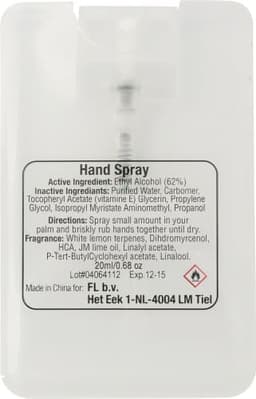 A clear spray bottle containing hand cleansing spray, with a white label listing ingredients and a fine mist nozzle.
