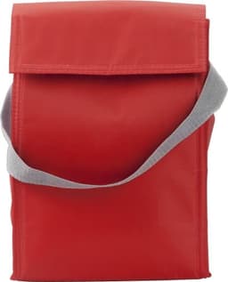 A red polyester cooler/lunch bag with a grey shoulder strap and a flap closure. It features a logo.