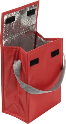 A red polyester cooler/lunch bag with a silver insulated interior and grey handles, featuring a logo.