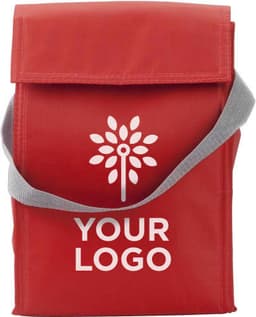 A red polyester cooler/lunch bag with a grey strap and a logo on the front.