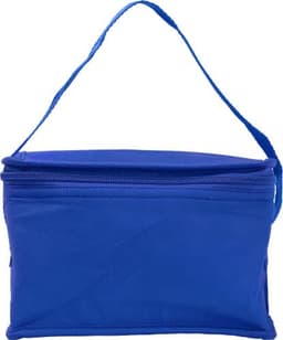 A blue nonwoven cooler bag with a zipper and a handle for easy carrying. It features a logo on its surface.