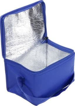 A blue nonwoven cooler bag with a shiny silver interior and a carrying handle. It has an open top.