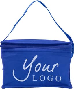 A blue nonwoven cooler bag with a zip closure and a handle, featuring a logo on the front.