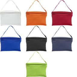 A set of seven nonwoven cooler bags in white, orange, red, blue, black, grey, and green, each with a handle.