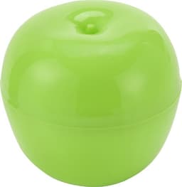 A green apple-shaped storage container with a glossy finish, featuring a logo on its surface.