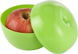 A bright green apple container with a red apple inside, featuring a smooth, rounded lid.