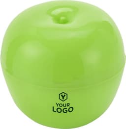 A green apple-shaped container with a glossy finish and an embossed logo on the front.