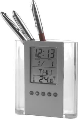 A clear ABS pen holder with clock, featuring a digital display and multiple silver pens inside.