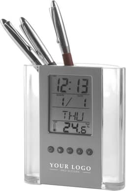 A grey ABS pen holder featuring a digital clock and space for multiple pens, with a logo on the front.