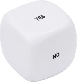 A white PU foam dice displaying the words "YES" and "NO" on its sides. It has a smooth surface.