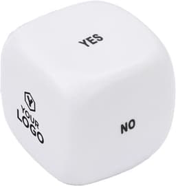 A white foam dice with "YES" and "NO" printed on its sides, featuring a logo.