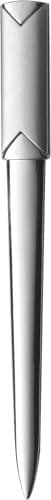 A sleek, silver metal letter opener with a pointed tip and a textured handle, featuring a logo.