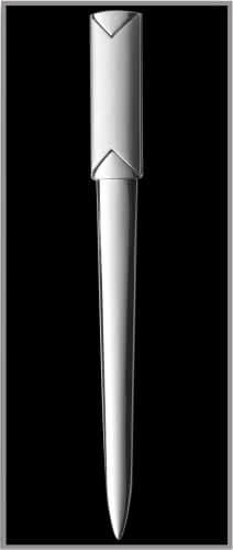 A silver metal letter opener with a sleek, polished finish and a decorative top.