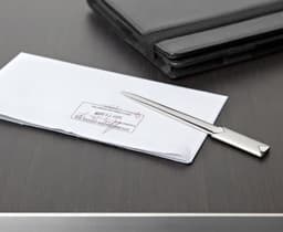 A metal letter opener lies beside a sealed white envelope on a dark wooden surface, with a black folder in the background.