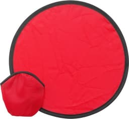 A red nylon Frisbee with a black trim, accompanied by a matching storage pouch.