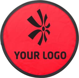 A red nylon Frisbee with a black logo and text on it.