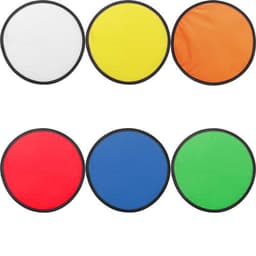 A collection of circular nylon frisbees in white, yellow, orange, red, blue, and green, each with a black border.