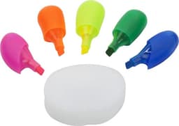 A set of five highlighters in pink, orange, yellow, green, and blue, alongside a white storage case.