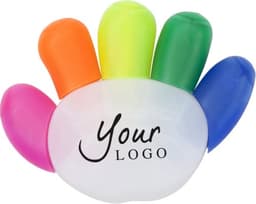 A set of highlighters in five colours: orange, green, pink, blue, and purple, with a logo on the body.