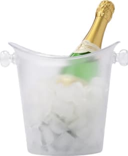 A clear ice bucket with a bottle of champagne nestled in ice. It has handles on the sides.