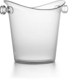 A clear, transparent ice bucket with curved edges and two round handles. Features a simple, modern design.