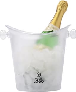 A clear ice bucket containing ice and a bottle of champagne, featuring a logo on the front.