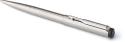 A stainless steel ballpoint pen with a sleek design and a clip, featuring a black end cap.