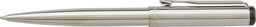 A stainless steel ballpen featuring a sleek design and a clip, with a branded logo on the barrel.