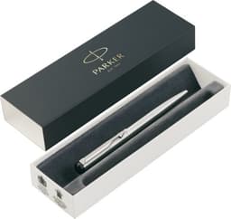 A stainless steel ballpen in an elegant box with a branded interior and a sleek, modern design.