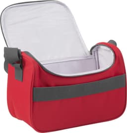A red polyester cooler bag with a zippered opening and grey accents, featuring a logo on the exterior.