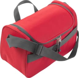 A red polyester (600D) cooler bag with a grey strap and handle, featuring a zip closure and a logo.