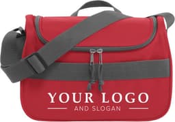 A red cooler bag with a grey strap, featuring a zip closure and a logo on the front.