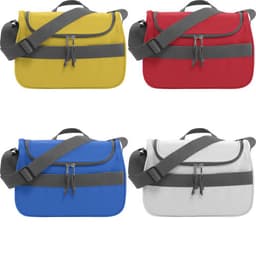 A cooler bag available in yellow, red, blue, and white, featuring a grey strap and a zipped compartment.