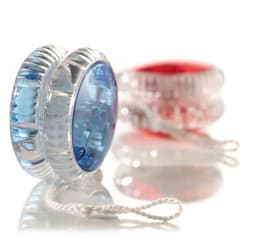 A plastic yo-yo set featuring a clear blue and red yo-yo, with durable strings and a glossy finish.