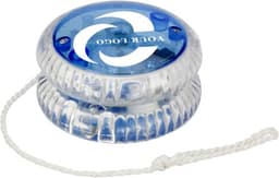 A clear plastic yoyo with blue accents and a white string, featuring a logo on one side.