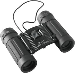 Black aluminium binoculars with a central focusing wheel and a neck strap for portability.