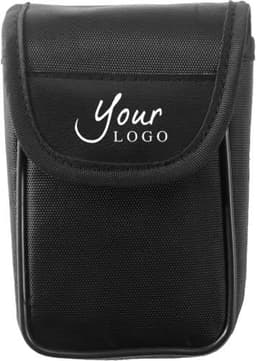 A black fabric pouch with a flap closure, featuring a logo on the front.