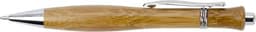A bamboo ballpen with a silver clip and detailing, featuring a smooth wooden texture.