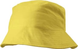 A yellow cotton bucket hat with a wide brim and a simple design, featuring a logo.