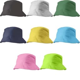A collection of cotton sun hats in black, white, green, navy, yellow, blue, pink, and neon green, each with a logo.