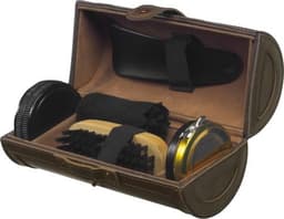 A PU shoe polish set featuring a black polish tin, brush, applicator, and cloth, all housed in a brown case.