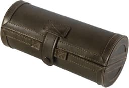A dark green leather case with stitching, featuring a round shape and a secure fastening. It has a logo on the surface.