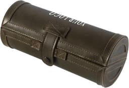 A brown cylindrical case with a stitched design, featuring a strap closure and an embossed logo.
