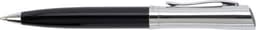 A black ballpoint pen with a shiny silver grip and clip, featuring a branding logo.