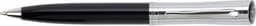 A black and silver ballpoint pen with a shiny chrome finish and a branded design detail on the cap.