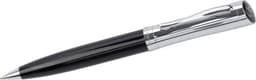 A black and chrome ballpoint pen featuring a sleek design and a branded logo.