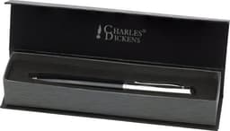 A black metal ballpoint pen in a sleek presentation box with a branded logo.