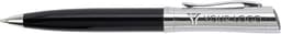 A black ballpoint pen with a chrome clip and a logo on the barrel.