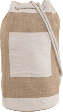 A jute duffel bag in natural brown with a cream-coloured canvas top and a front pocket, featuring a drawstring closure.